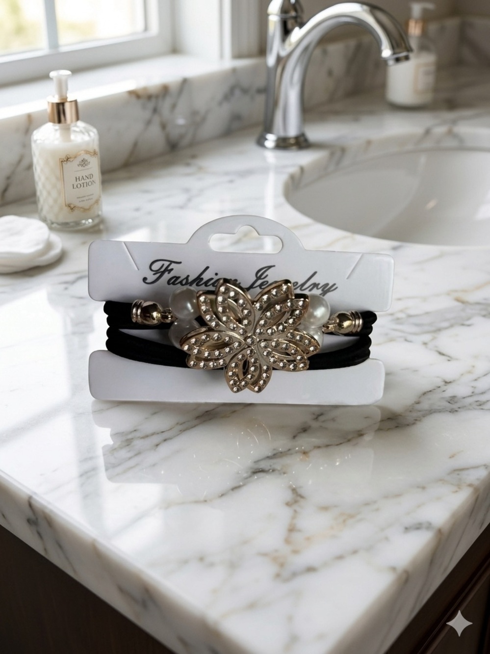 Fashion Jewelry Gold Flower Elastic Hair Tie with Black Band